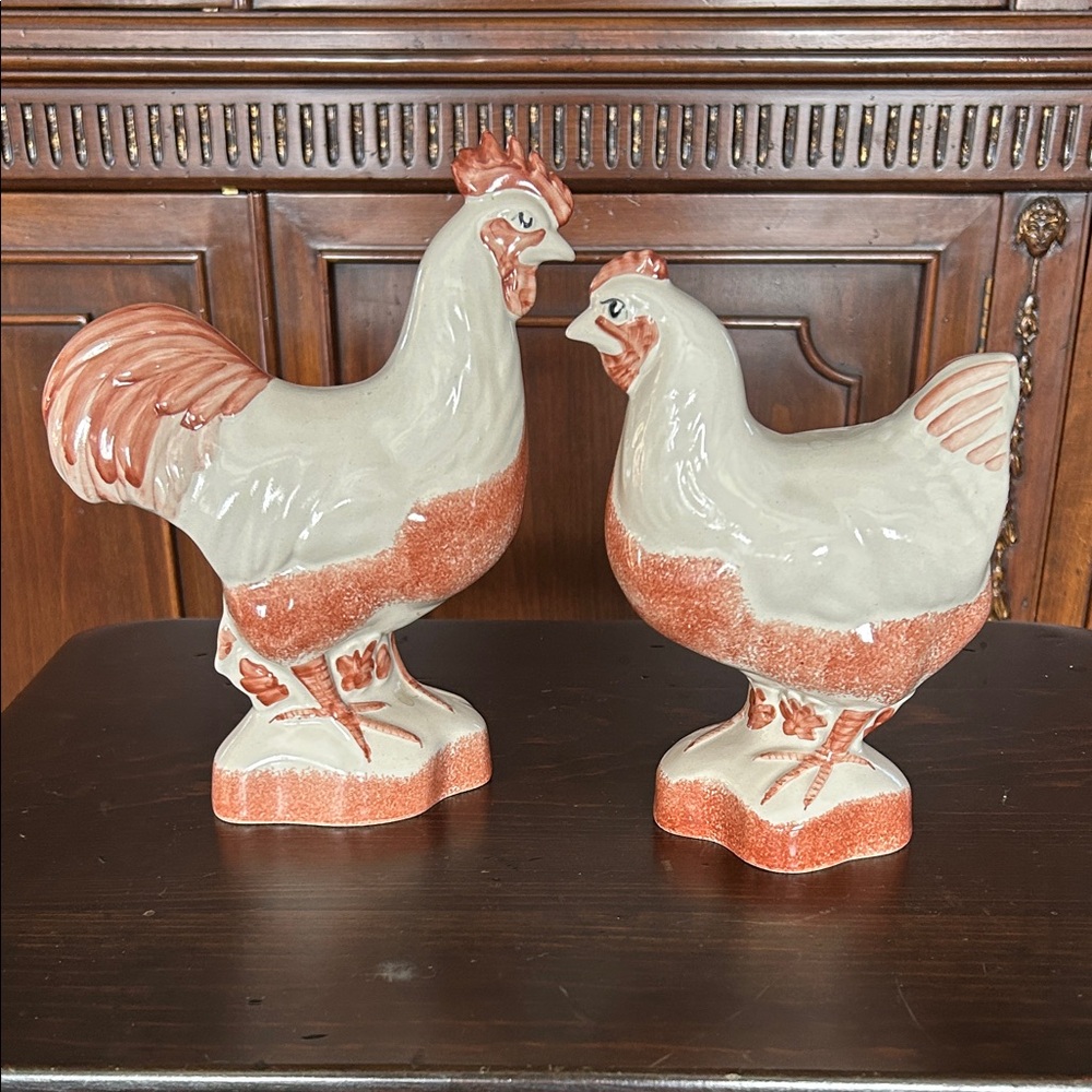 Vintage Handmade English Rye Ceramic Rooster and Hen Decor in Red and Cream